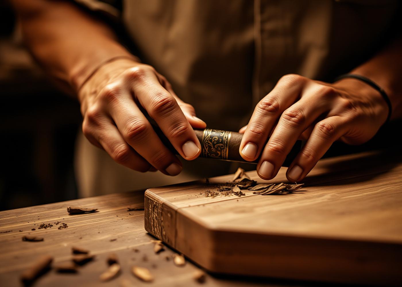 Hands rolling a cigar